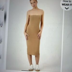 Stylish Strapless Camel Midi Dress